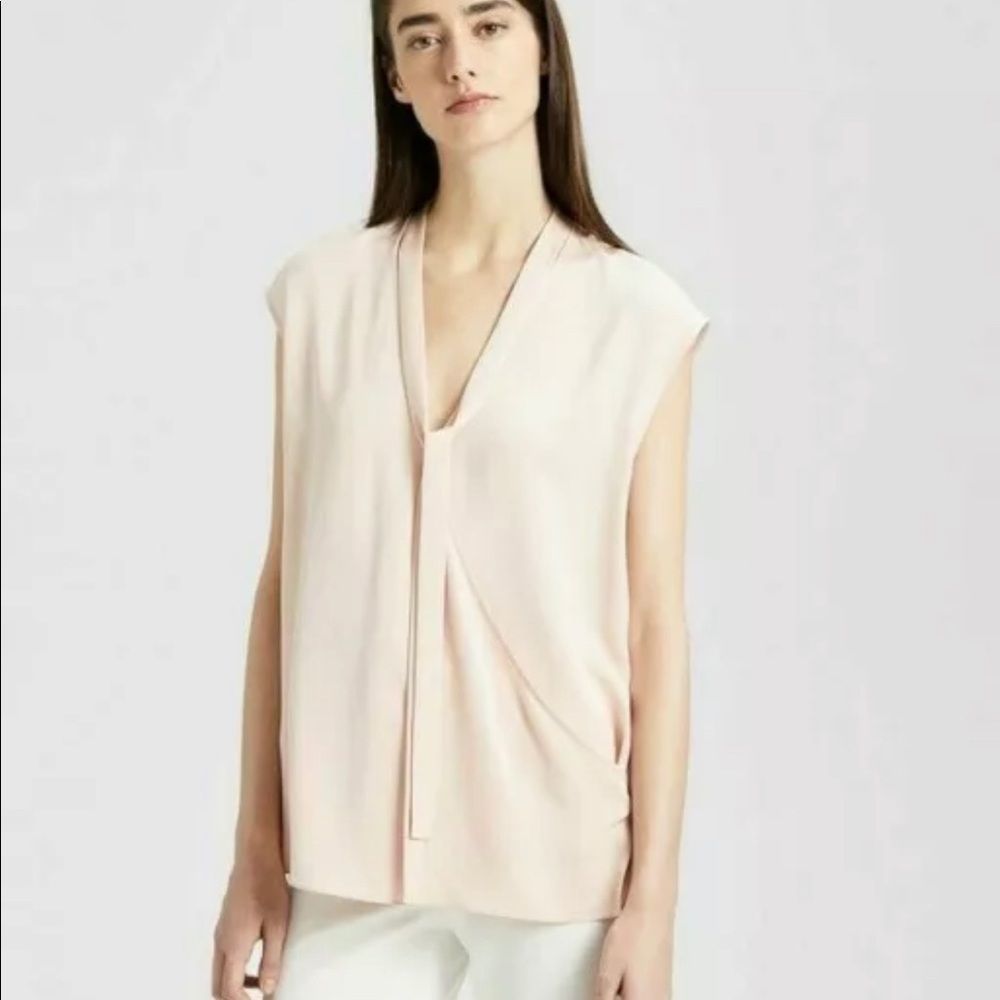 Theory blouse silk faux wrap tie neck pink